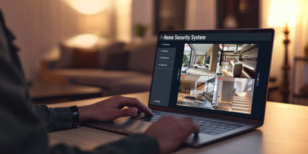 Online home security system showing live view of cctv cameras around the private property briskの素材