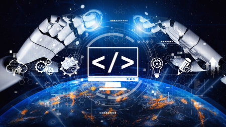 Modern web development concept featuring coding symbols, web development process, web development...