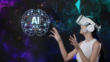 A woman experiences virtual reality while interacting with an AI interface, surrounded by a vibrant,...