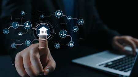 Futuristic digital law interface displaying justice scale, highlighting digital law, AI compliance,...
