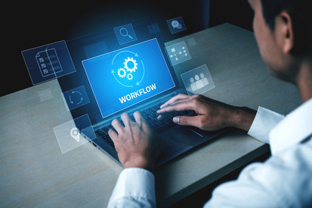 Workflow optimization concept featuring interconnected gears, task management, collaboration,...