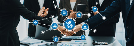 A dynamic business environment showcasing a handshake symbolizing partnership, with digital...