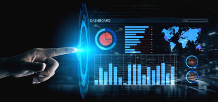 A futuristic digital dashboard displays interactive graphs and world maps, showcasing analytics and...