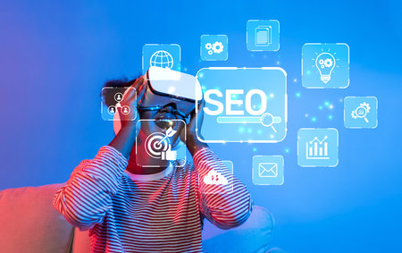 A young individual explores the world of SEO through a virtual reality headset, surrounded by...