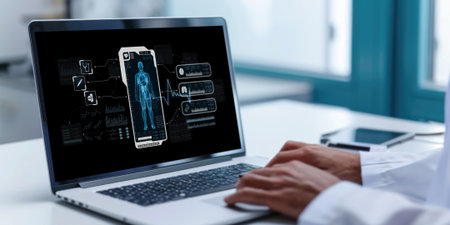 Medical science technology and futuristic healthcare virtual computer software analyze human health and diagnose disease for doctor data and medical research. briskの素材