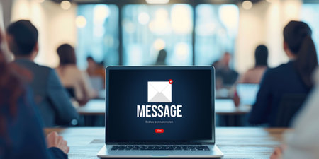 Email notification message showing on computer screen brisk. Digital marketing message information text from business to customer clientの素材
