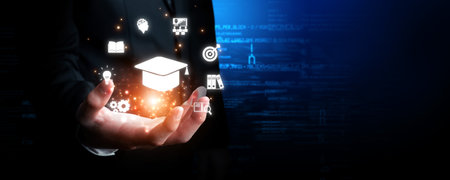 Explore the future of online learning with this image showcasing a hand presenting a graduation cap...