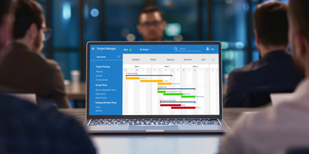 Project planning software for brisk business project management on the computer screen showing timeline chart of the team projectの素材