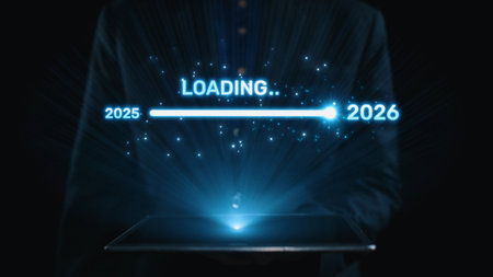 Visualizing the shift from 2025 to 2026. Progress bar symbolizing advancement, strategic foresight,...