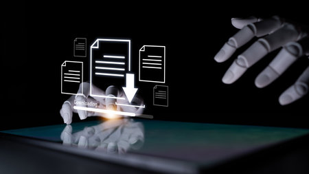 AI facilitates digital document downloading and data access with optimized transfer process, improving speed, security, and file management for various usersの写真素材