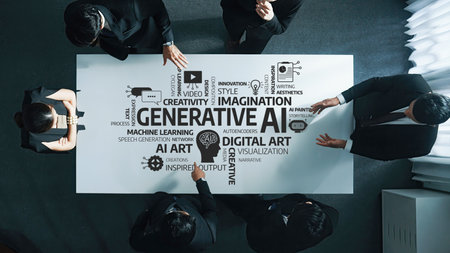 A professional team engages in a collaborative discussion around generative AI concepts, emphasizing...