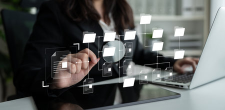 Digital file structure showing folder organization, file hierarchy, and document arrangement. File...