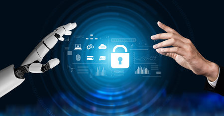 AI-powered lock system showing advanced cybersecurity, identity verification, and data protection...