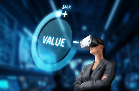 A professional businesswoman engages with virtual reality technology to explore innovative solutions...