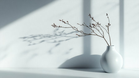 A minimalist white vase holds delicate branches, casting elegant shadows on a smooth wall in a serene indoor setting, evoking tranquility and style.の素材
