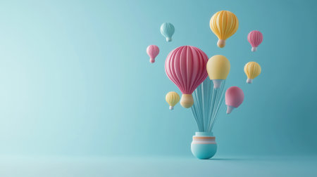 A charming arrangement of colorful hot air balloons floating gracefully against a soft blue background, evoking a sense of whimsy and imagination.の素材