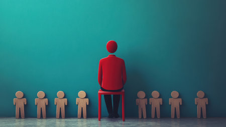 A solitary figure in a red chair faces a wall, surrounded by wooden figures. This minimalistic scene explores themes of solitude, contemplation, and human connection in a modern artistic context.の素材