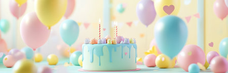 A charming birthday cake adorned with pastel colors and playful decorations, surrounded by colorful balloons, perfect for festive celebrations and joyful moments.の素材