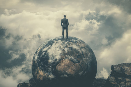 A businessman stands atop a globe, gazing into a cloudy sky, embodying a sense of solitude and contemplation amidst an atmospheric landscape.の素材