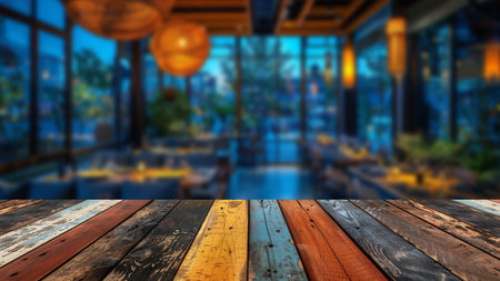 Clear wooden table at forefront, blurred restaurant scene during lively night. The table provides an excellent opportunity for placing food-related products, enhancing nights dynamic restaurant.の素材