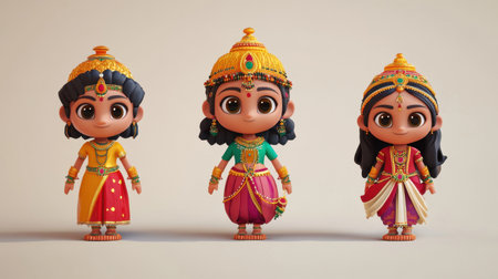 Three charming cartoon dolls showcase diverse traditional Indian attire, featuring intricate designs and vibrant colors, perfect for celebrating culture and joy.の素材