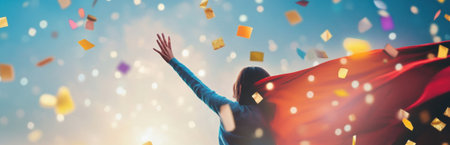 A person stands joyfully with arms outstretched, celebrating amidst vibrant confetti. This image captures the essence of freedom and happiness in a colorful setting.の素材