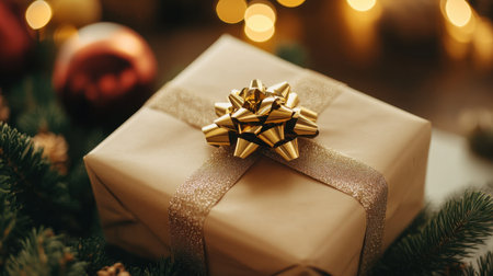A beautifully wrapped gift box featuring a golden bow sits amidst festive decorations. The warm bokeh lights create a cozy holiday atmosphere, perfect for celebrations.の素材