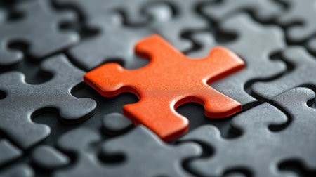 A striking orange puzzle piece stands out against a sea of black pieces, representing uniqueness and the importance of fitting into a larger picture.の素材