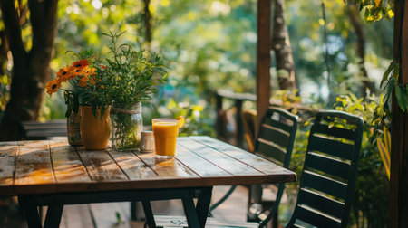 A cozy outdoor scene featuring a wooden table adorned with a glass of orange juice and a vibrant floral arrangement. Perfect for relaxation and enjoyment in nature.の素材