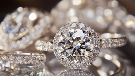 This stunning close-up image showcases an elegant diamond engagement ring adorned with sparkling accent stones. Perfect for capturing the essence of love and luxury.の素材
