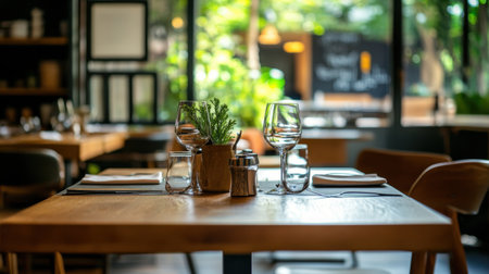A beautifully arranged dining table in a modern restaurant bathed in natural light, featuring glassware, tasteful decor, and a fresh herb centerpiece.の素材