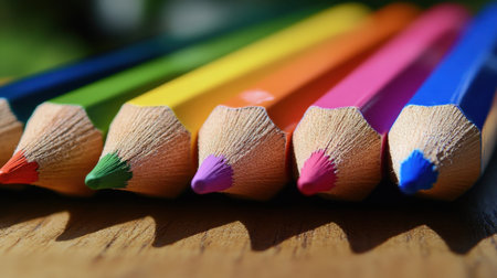 A vibrant array of colorful crayons aligned on a wooden table, capturing a playful essence of creativity and artistic inspiration. Perfect for educational themes.の素材