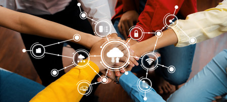 A dynamic representation of teamwork in a computing context, showcasing hands together to symbolize...