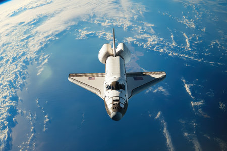 A stunning view of a space shuttle in orbit around Earth. The shuttle showcases advanced technology against a backdrop of blue ocean and white clouds, embodying exploration and innovation.の素材