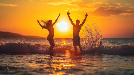 A happy couple enjoying a playful moment in the ocean at sunset, capturing the essence of love and joy amidst vibrant colors and splashing waves.の素材