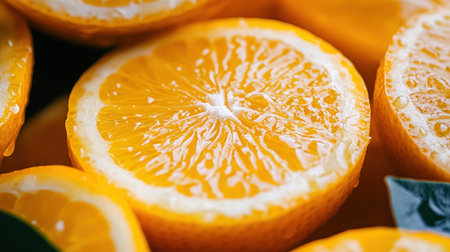 Close-up view of vibrant orange slices showcasing juicy flesh and bright color. Perfect for food styling, health concepts, or summer recipes.の素材