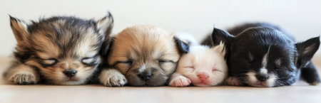 A charming scene of four adorable puppies sleeping peacefully together, showcasing their fluffy fur and innocence. This heartwarming image captures the essence of companionship and tranquility.の素材