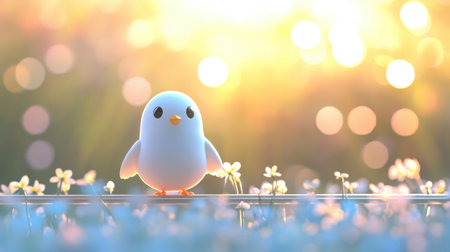 A charming cartoon bird stands happily among delicate flowers, illuminated by soft sunlight. This whimsical scene evokes feelings of joy and tranquility in nature.の素材