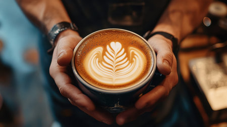 A barista proudly presents a beautifully crafted latte with intricate heart-shaped foam art. The warm atmosphere highlights the artistry and passion in beverage preparation.の素材