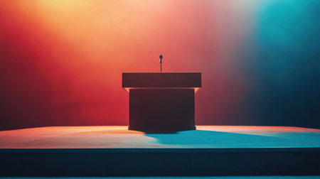 A striking image of an empty podium with a microphone, set against a vibrant and colorful illuminated background. Perfect for themes around public speaking and events.の素材