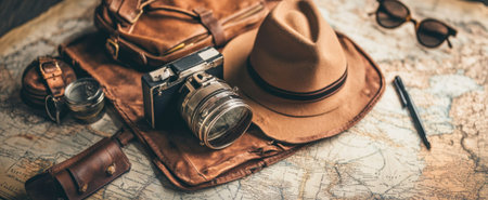 A vintage camera rests on a leather bag with a stylish hat, sunglasses, and travel essentials on a detailed world map, evoking a sense of adventure and exploration.の素材