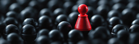 A striking image of a red pawn standing alone among a sea of black game pieces, symbolizing individuality, uniqueness, and the courage to stand out in a competitive environment.の素材