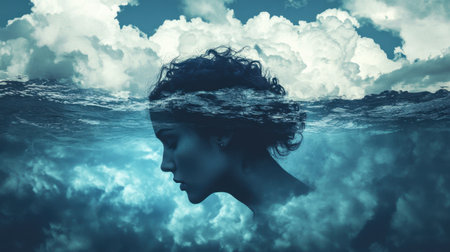 A striking image of a womans profile emerging from a calm ocean, surrounded by serene clouds. This artwork evokes themes of introspection, tranquility, and dreamlike beauty.の素材