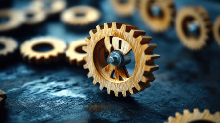 A detailed close-up of a wooden gear on a dark surface, showcasing craftsmanship and engineering design. Perfect for themes of innovation and technology.の素材