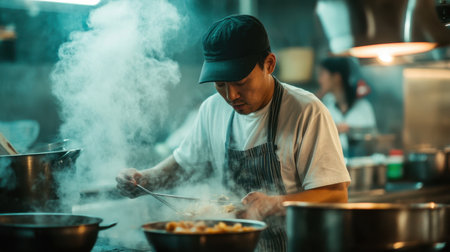 A skilled chef intensely focuses on his craft in a bustling restaurant kitchen, surrounded by steam and delicious aromas, showcasing culinary expertise.の素材