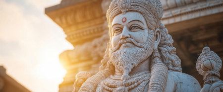 Stunning stone sculpture of a deity illuminated by soft sunlight, showcasing intricate details and cultural significance, set against a serene temple backdrop.の素材