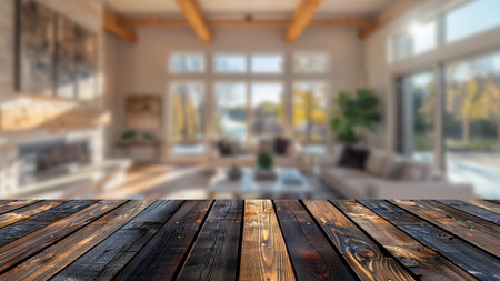 Wooden table top in a setting of blurred minimal Scandinavian living room, perfect for placing and showcasing advertising products.の素材