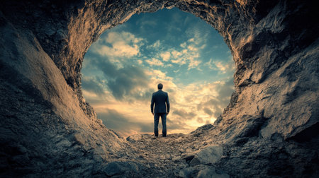 A man stands at the edge of a cave, looking out at a dramatic sky filled with clouds. The scene evokes feelings of solitude, exploration, and hope.の素材
