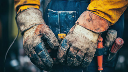 This image captures a close-up view of worn work gloves resting over tools on a utility belt, highlighting the rugged nature of manual labor and craftsmanship.の素材