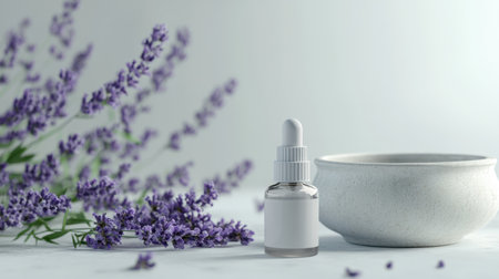 A beautiful composition featuring a lavender essential oil dropper beside a white bowl and fresh blooms. Ideal for wellness, skincare, and serene environments.の素材